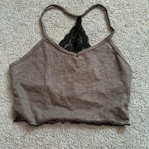 Brown Ribbed Crop Top with Lace Detail